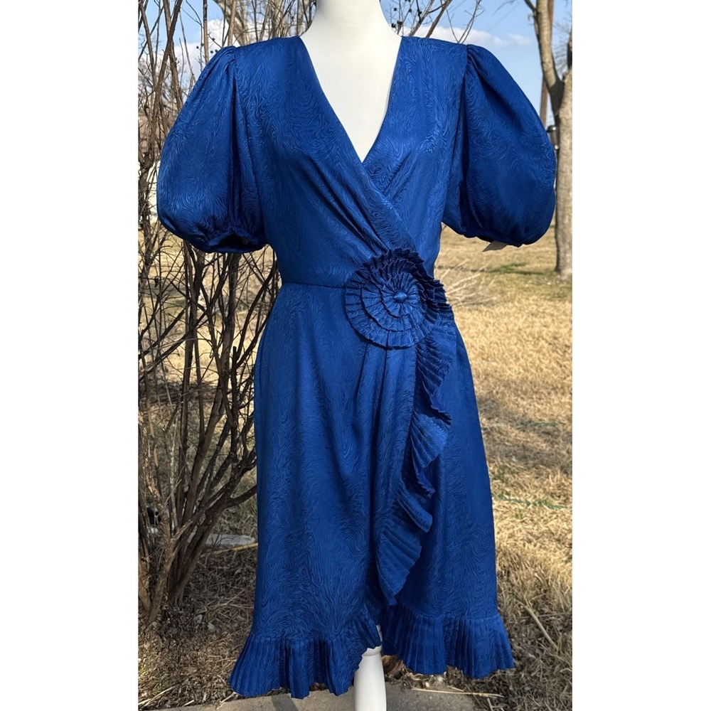 Vtg 80s Neiman Marcus Wrap Silk Cinch Waist Dress Balloon Sleeves Ruffle Sz 8